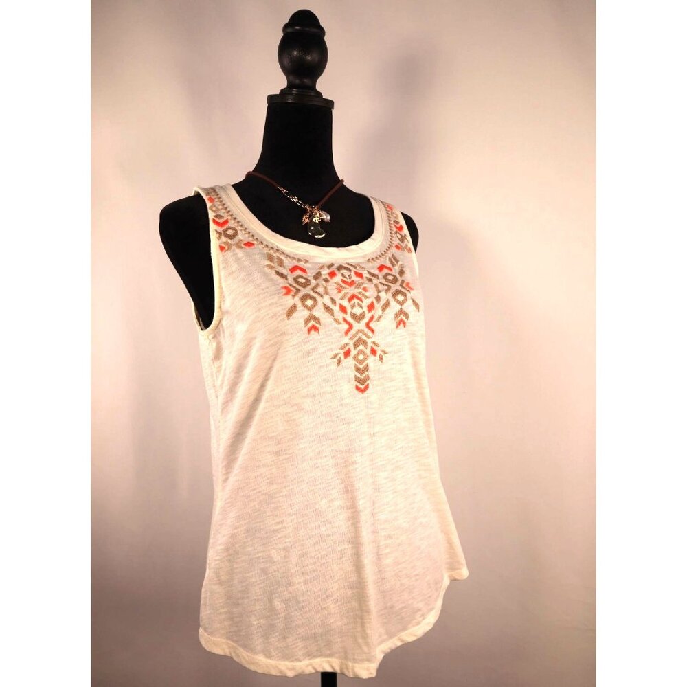 Sonoma Life Sleeveless Tank Top Beige with Orange & Brown Embroidery Size Small